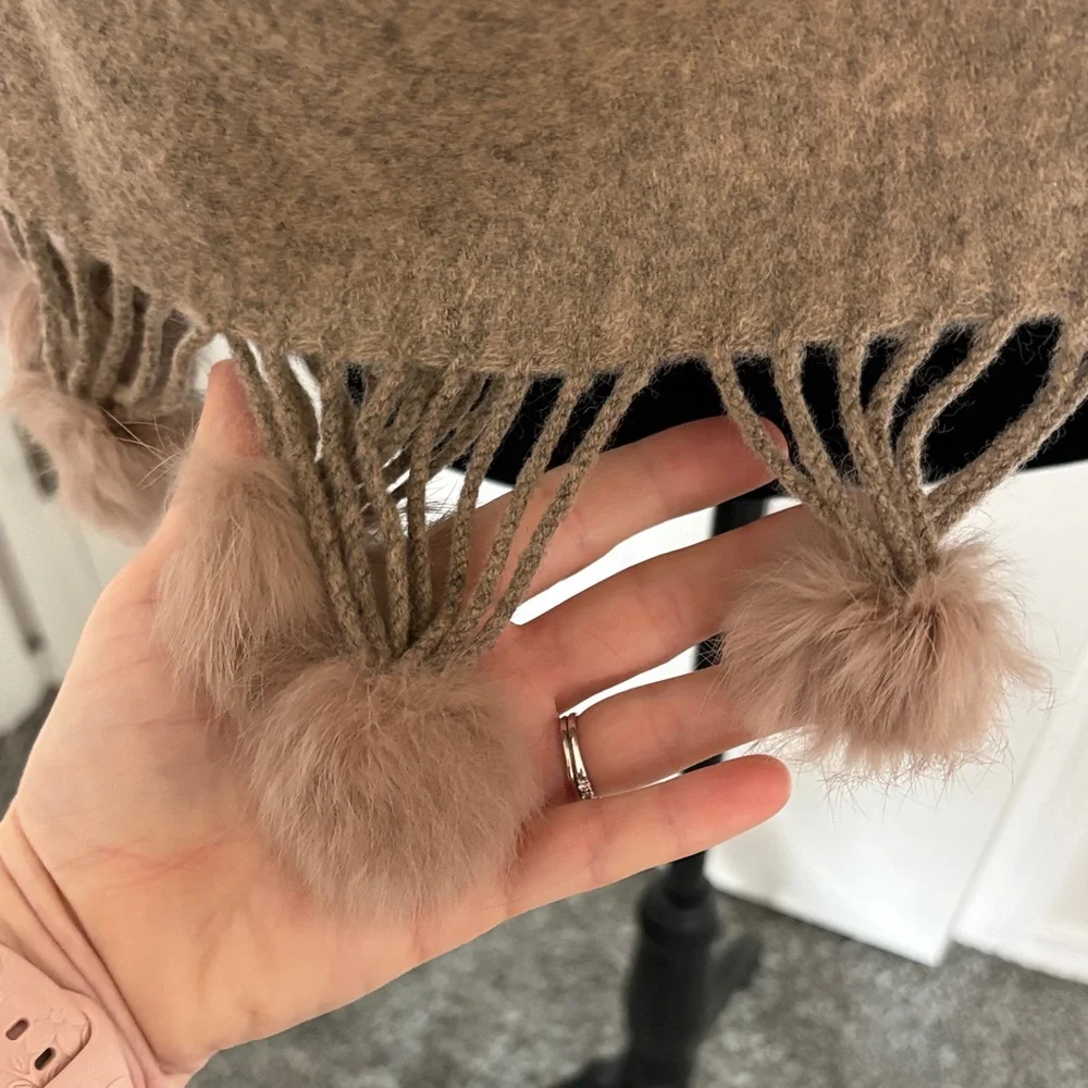 Wool Blend Brown Scarf Wrap with Pom Pom Trim